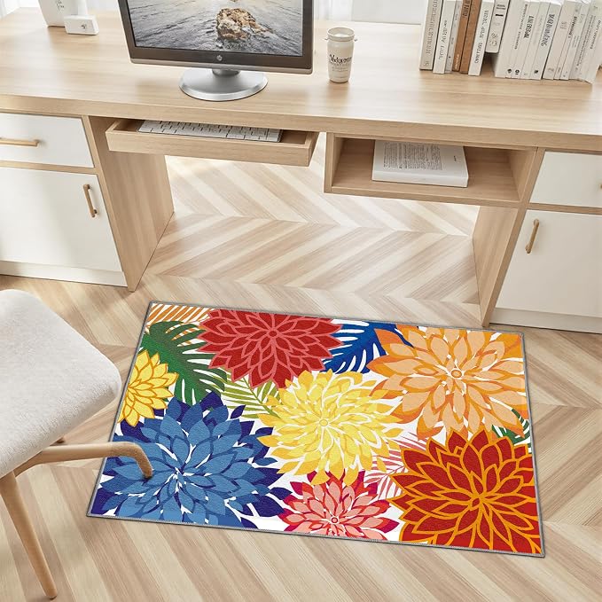 Arenarug 2x3 Colorful Washable Small Rug Tropical Botanical Modern Floral Indoor Chenille Door Mat Carpet Non Slip for Patio, Entry Way, Entrance, Porch, Rainbow