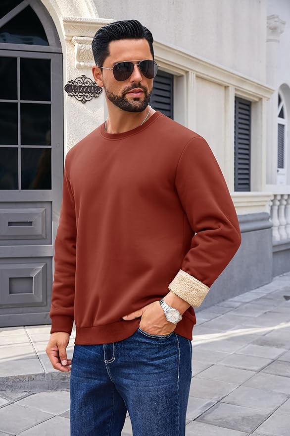 Boladeci Men's Full Sherpa Lined Crewneck Sweatshirts Heavy-weight Fleece Pullover Thick Thermal Long Sleeve Cotton