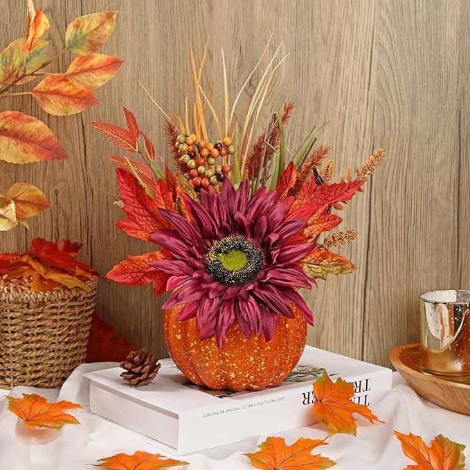 Artificial Pumpkin Floral Arrangement with Burgundy Sunflowers & Autumn Leaves – Fall Table Centerpiece for Thanksgiving, Halloween & Harvest Décor – Rustic Farmhouse Pumpkin Autumn Décor