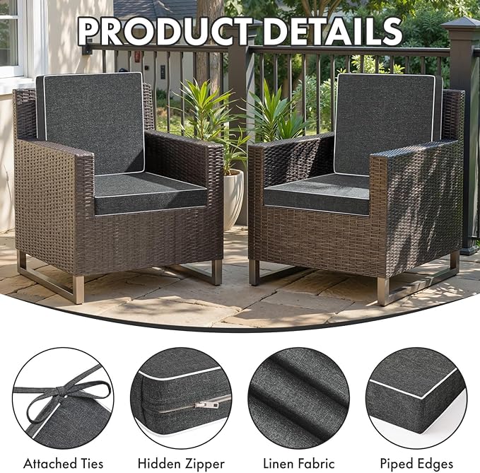 MIULEE Dark Grey Outdoor Chair Cushions Set of 4, 19x19x3 Inch Waterproof Patio Seat Cushions for Outdoor Furniture Couch Sofa, 3 Year Color Fastness High Density Foam with Adjustable Ties
