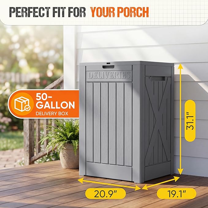 Flamaker 50 Gallon Deck Box, Package Delivery Box for Outside, Outdoor Package Drop Container for Gifts, Waterproof Plastic Storage Container with Lockable Secure for Porch (Gray)