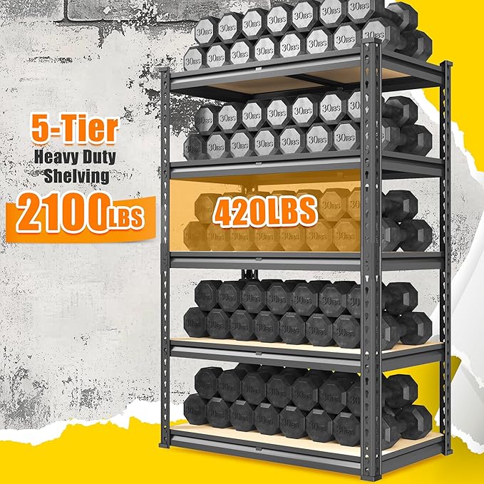 72.12" H Garage Shelving, Storage Shelves Load 2100LBS, 5-Tier Adjustable Shelving Unit with Thickened Wooden Boards for Multiple Scenarios, 72.12" H x 35.55" W x 11.85" D, Black