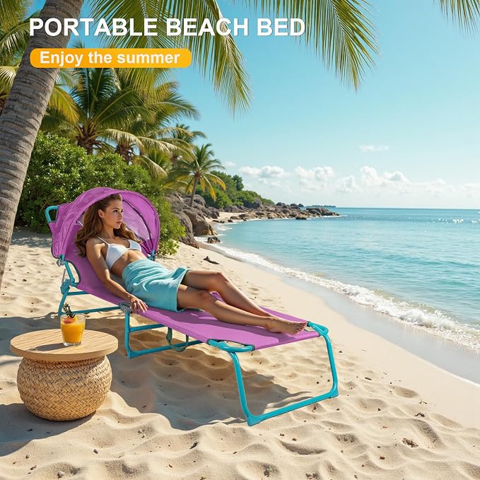 Northroad 2 Pack Beach Lounge Chair with Canopy Shade, Adjustable 4 Position Foldable Tanning Chair, Outdoor Heavy Duty Chaise Lounge Chair, for Poolside Patio Sunbathing Lawn, UPF 50+, Purple
