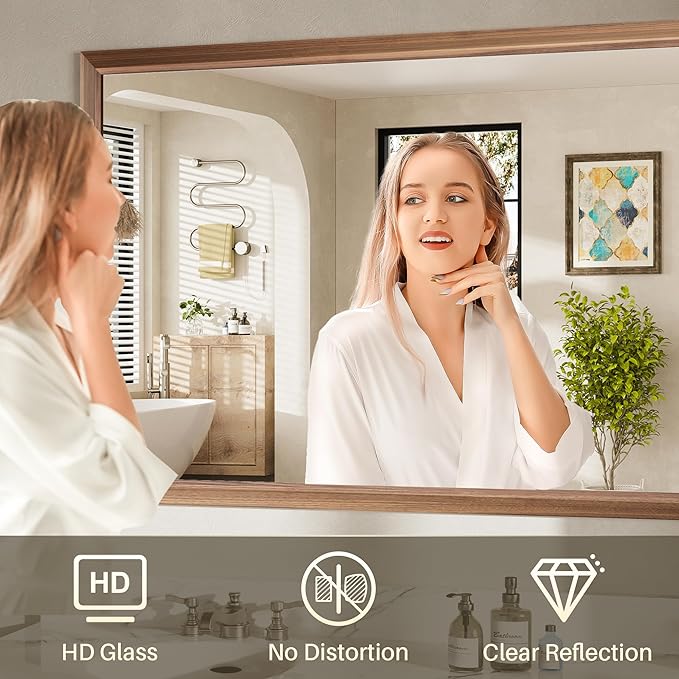 40x32 Inch Bathroom Mirror for Wall, Anti-Rust Walnut Wood Grain Metal Framed