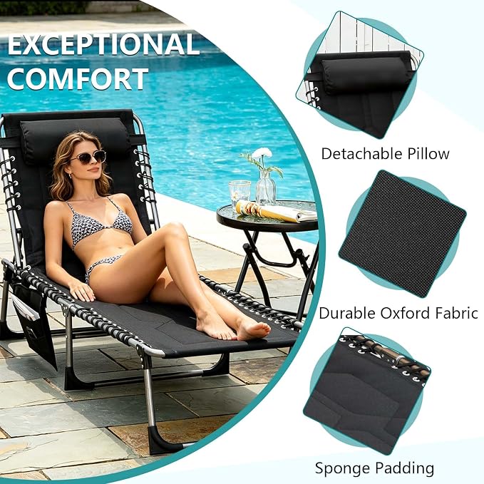 Portable Foldable Sun Tanning Chair, Heavy Duty Adjustable Folding Laying Out Chairs for Tanning, Beach Lounge Chairs for Adults for Outdoor Sunbathing Patio Pool Lawn Camping Deck (Black)