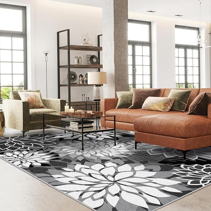 4x6 Outdoor Area Rug Washable Multicolored Patio Rug Tropical Botanical Floral Chenille Waterproof Outdoor Carpet for Living Room, Deck, Backyard, Porch, Black