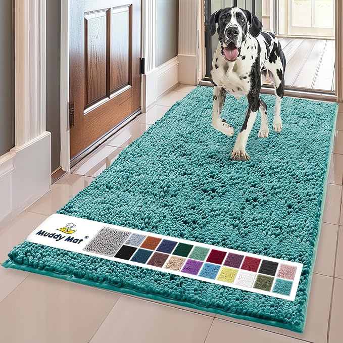 Muddy Mat® | Super Water Absorbent Door Mat Indoor, Microfiber Quick Dry Chenille Entryway Rug, Slip Resistant Front Door Mat, Indoor Mats for Entryway, Machine Washable Pet Rug, Teal 35"x60"