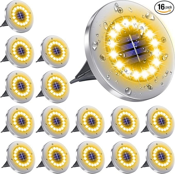 NFESOLAR 16 Pack Solar Outdoor Lights, 16 LEDs Bright Solar Ground Lights Pathway Lights Waterproof for Pathway Garden Yard Lawn Walkway Driveway (Warm White)