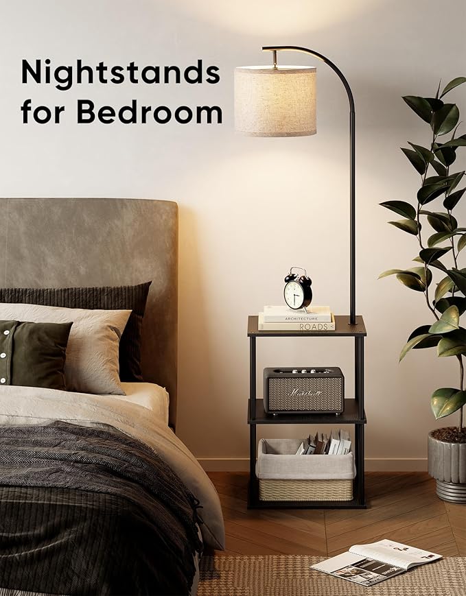 PARTPHONER Floor Lamp with Table, Night Stand with Lamp, Narrow Side Table with 3CCT LED Bulb, Small Coffee Table, Modern End Table with Storage Shelves for Living Room Bedroom Home Décor, Black