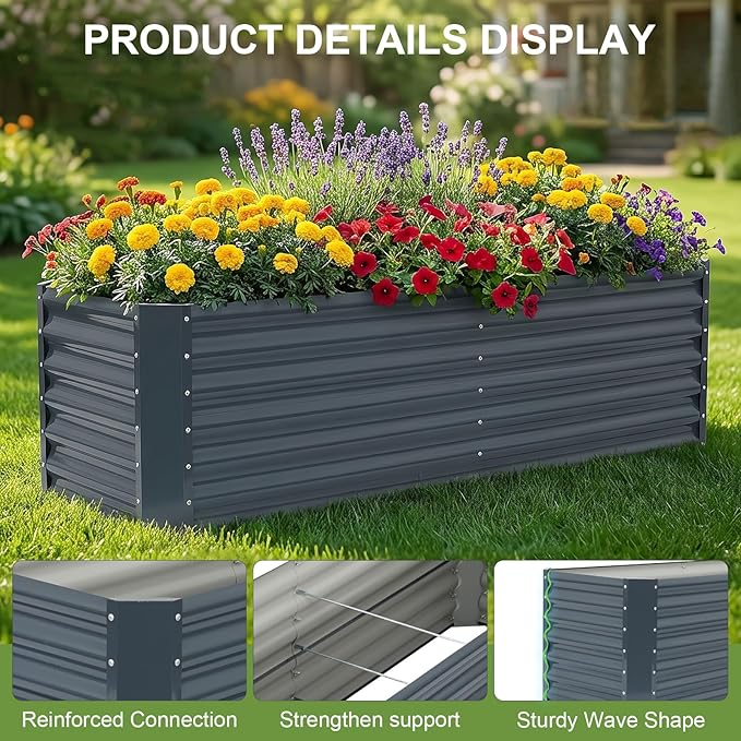 6x2x1.86ft Raised Garden Bed - Galvanized Deep Root Planter Boxes Outdoor with Wing Nuts and Safety Edges for Gardening Vegetables, Flowers, Herbs, Succulents - Gray