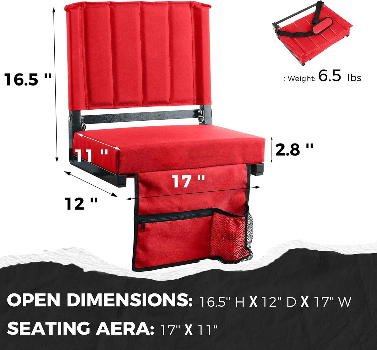 Sport Beats Stadium Seats - Comfortable Bleacher Chairs with Back Support & Cushion | Red, 2-Pack - 17" W x 12" D x 16.5" H