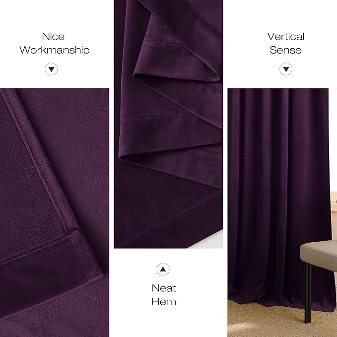 NICETOWN Blackout Purple Gothic Velvet Curtains 96 inch Long, Dark Purple