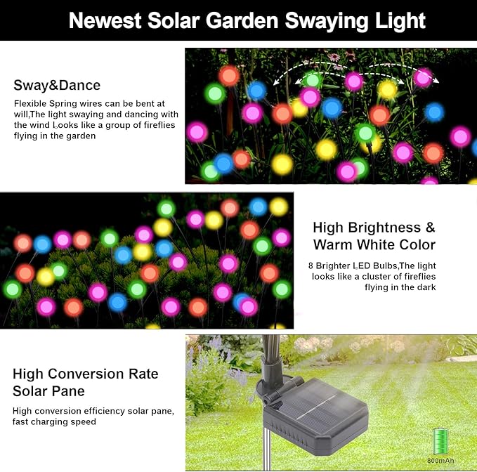 Solar Firefly Lights Multicolor, 4 Pack 800mAh Swaying Firefly Garden Lights Solar Powered Outdoor Waterproof Color Changing for Outside Yard Patio Lawn Pathway Walkway Stake Christmas Decor