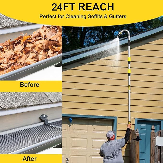 24FT Reach Gutter Cleaning Tools from Ground, Telescopic Rain Gutter Cleaners Tool with Quick Connect Adapter and Heavy Duty Wand for 2nd Story House