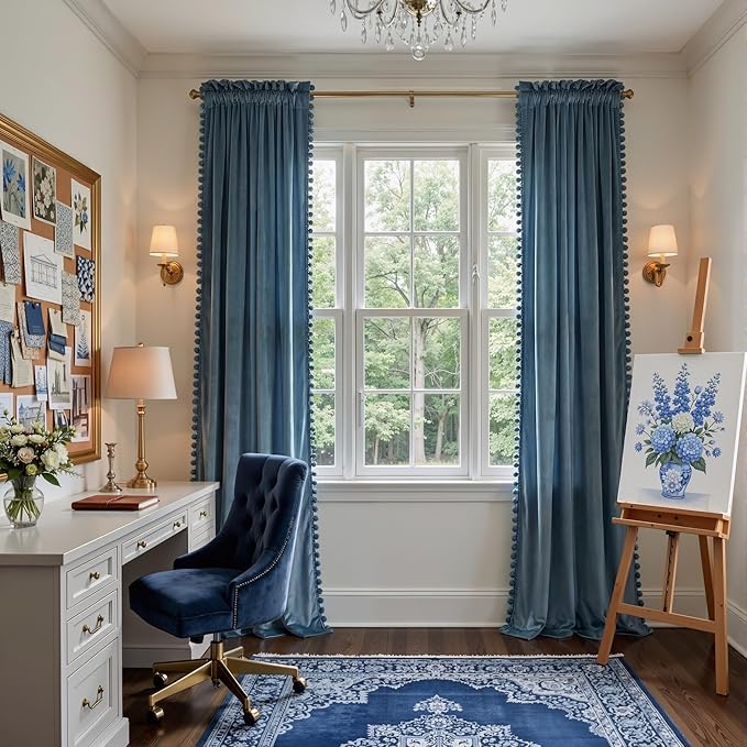 NICETOWN Slate Blue Velvet Curtains 84 Inch Length – Pom Pom Room Darkening