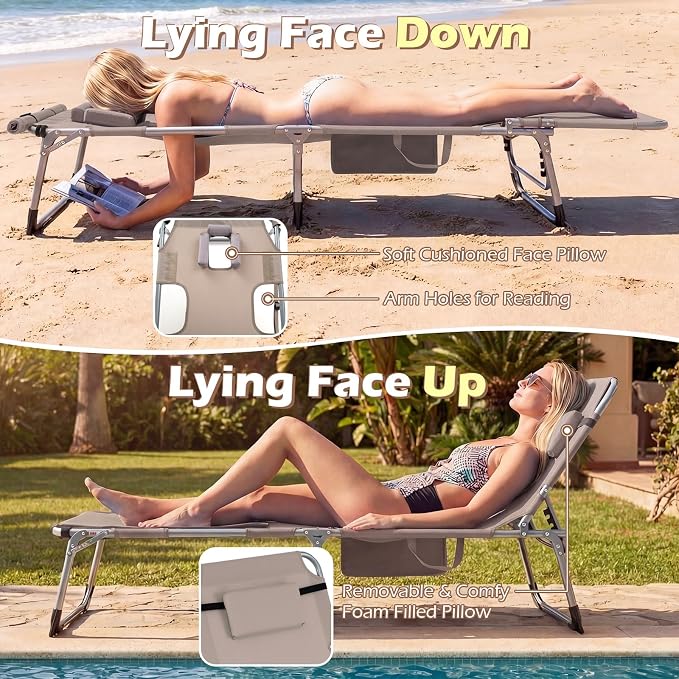 GYMAX Tanning Chair, 3 in 1 Sun Bathing Lounge Chairs with Face/Arm Holes & Side Pocket, Portable Lightweight Face Down Layout Tanning Chair for Outside, Beach, Backyard, Poolside (1, Sand)