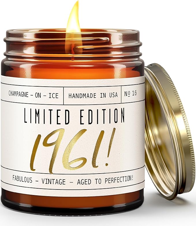 64th Birthday Gifts for Women - 'Limited Edition 1961' Soy Candle, w/Champagne on Ice I 64 Birthday Gifts for Women I 64th Gift for Her Ideas I 9oz Reusable Jar, 50Hr Burn, Made in USA