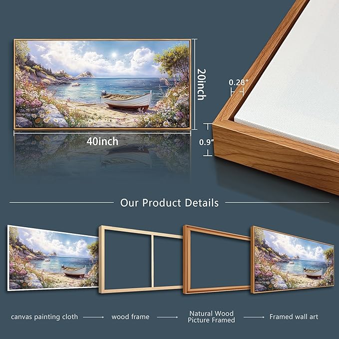 QIYILEXWART Wood Farmed Canvas Wall Art For Living Room Wall Decor For Bedroom Office Wall Decoration The Sea Boat Landscape Painting Farmhouse Pictures Artwork Room Aesthetic Home Decor 20x40 In