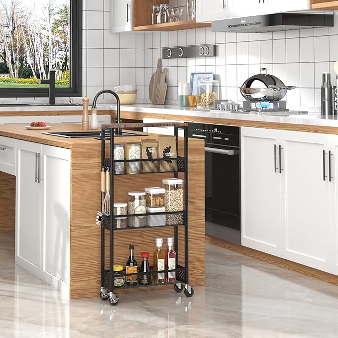 Slim Storage Cart 4 Tier Narrow Kitchen Rolling Cart on Wheels for Small Space, Mobile Utility Cart Shelving Unit with Wooden Top and Metal Handle for Kitchen, Bathroom, Laundry Room