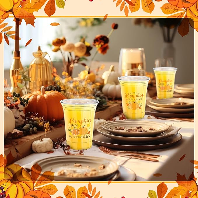Meanplan 50 Pcs 12oz Fall Baby Shower Party Plastic Cups A Little Pumpkin is On The Way Disposable Clear Cups for Thanksgiving Autumn Baby Shower Gender Reveal Supplies Decorations(Orange)
