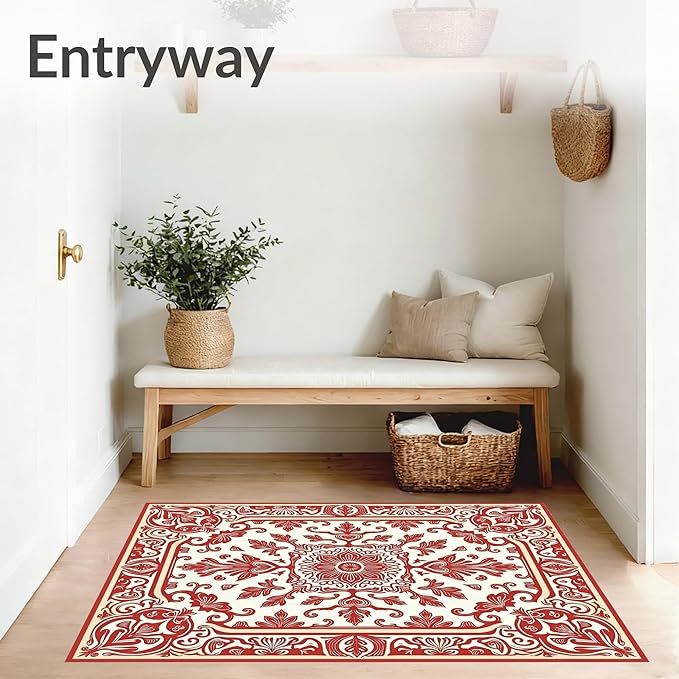 Flatwoven High Traffic Area Rug 6x9, Vintage Floral Medallion Shower Curtain with Coordinated Bathroom, Non Slip, Stain Resistant, Washable Area Rugs for Living Room, Bedroom (Red, 6x9, Pad)
