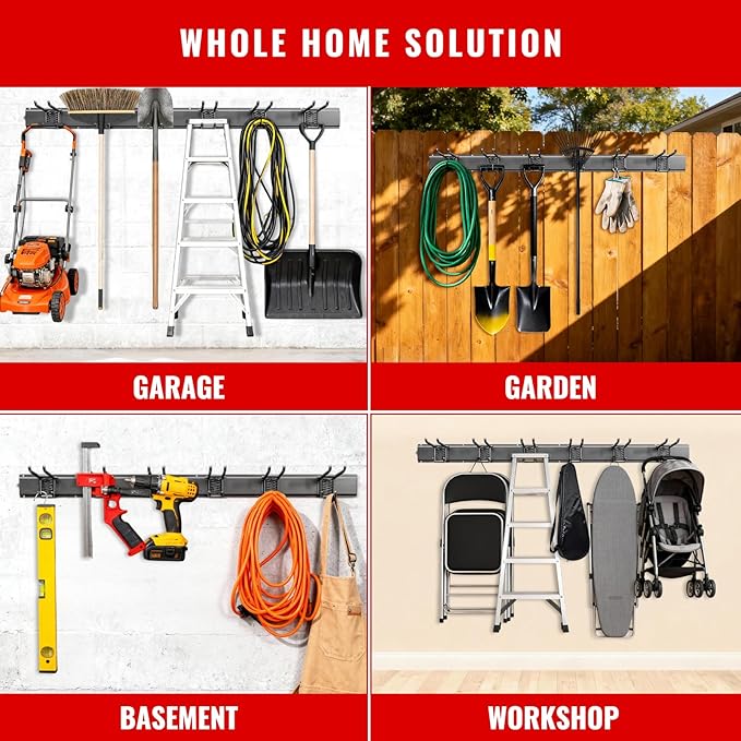 Garage Tool Organizer Wall Mount, Easy to 64inch Install Heavy-Duty Garage Storage System with 11 Adjustable Hooks, Garden Tool Rack for Shovels, Rakes, Yard Tools