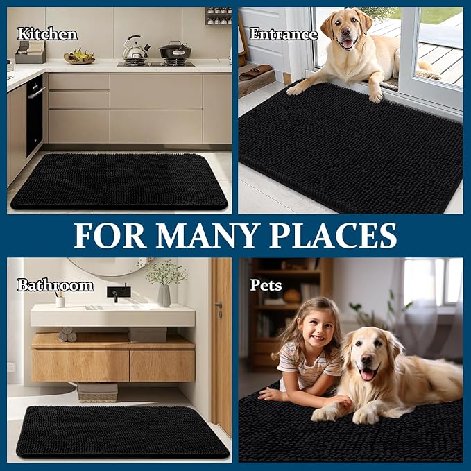 OLANLY Dog Door Mat for Muddy Paws 24x16, Absorbs Moisture and Dirt, Absorbent Non-Slip Washable Doormat, Quick Dry Chenille Mud Mat for Dogs, Entry Indoor Entryway Carpet for Inside Floor, Black