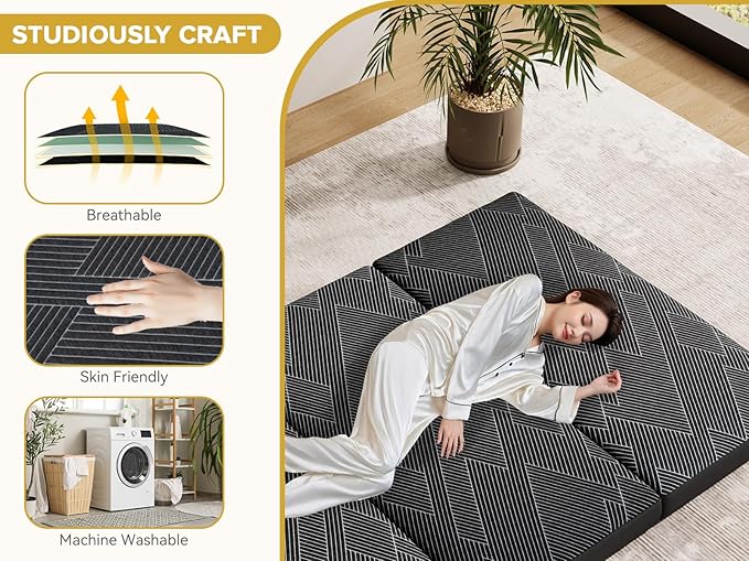 Vamcheer Tri Folding Mattress Full Size - 6 Inch Foldable Mattress Portable Tri-fold Memory Foam Mat, Handle & Non-Slip Bottom with Washable Cover for Travel RV Camping Guest, 73"x52"x6", Grey