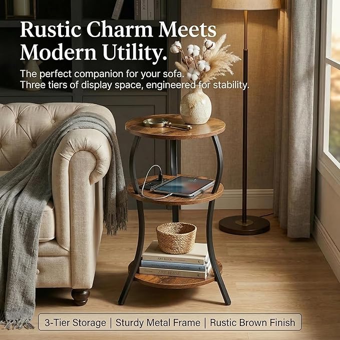 Small Round Side Table with Charging Station, 3-Tier Waist Circular End Table with Storage Shelf, Compact Tea Sofa Side Table Small Spaces, Round Corner Coffee Table for Living Room Bedroon,Brown