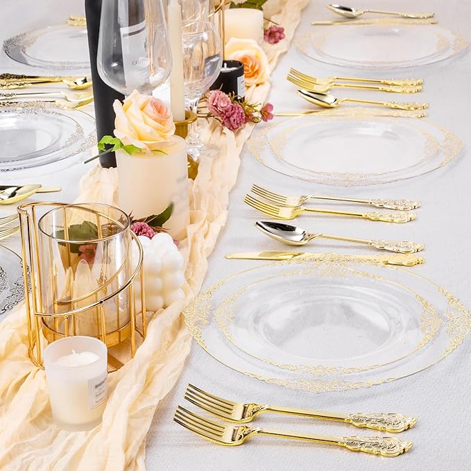 200 PCS Clear and Gold Plastic Plates for 100 Guests, Elegant Clear Disposable Plates with Gold Trim, Include 100 PCS Dinner Plates, 100 PCS Dessert Plates for Party, Birthday and Graduation