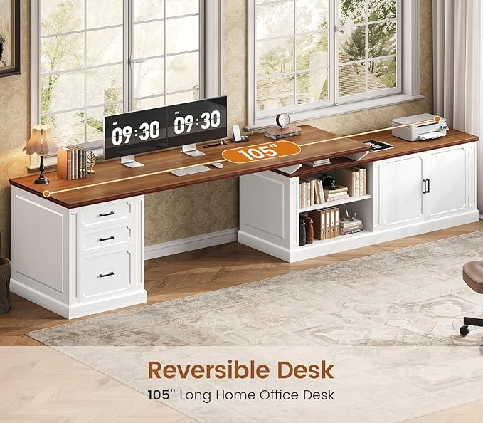 SEDETA Farmhouse L Shaped Desk with Drawers, 70.9" Home Office Desk with Storage Cabinet and Storage Shelves, L Shaped Computer Desk with Power Outlet，White