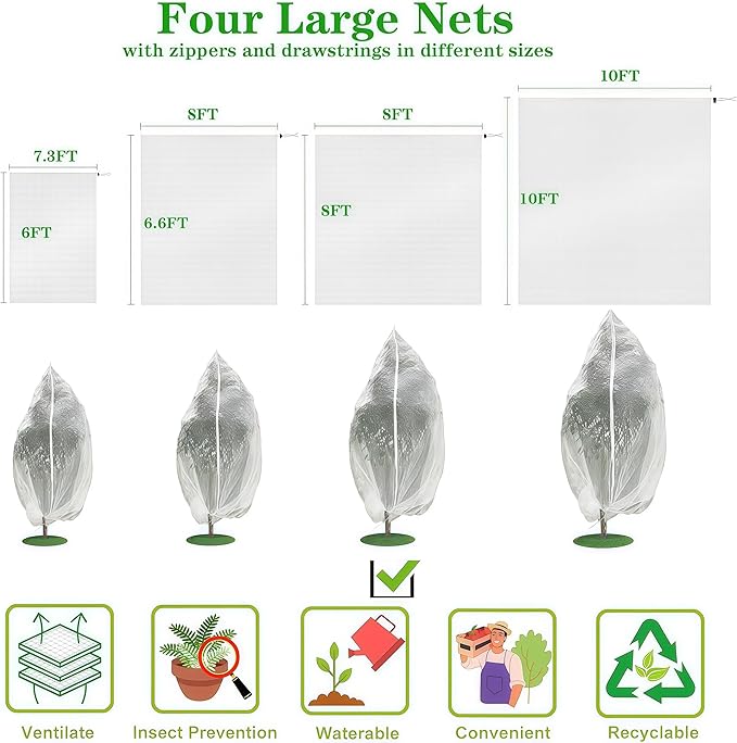 Drawstring & Zipper Fruit Tree Netting Cover (4 Pack 8×8Ft) - Reusable Bird Netting for Blueberry Bushes, Anti-Cicada/Deer/Squirrel Large Plant Protection Net