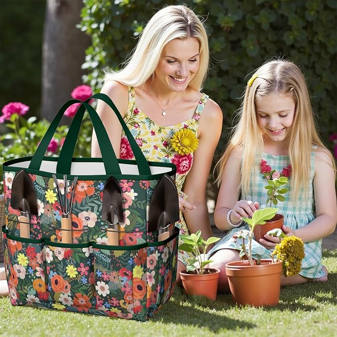 Daisy Flowers Garden Tool Bag - Waterproof Garden Tote with 8 Pockets, Large Storage Home Organizer Gardening Tool Oxford Bag for Garden Tools Kits Holder, Ideal Outdoor Gardening Gift for Women & Men