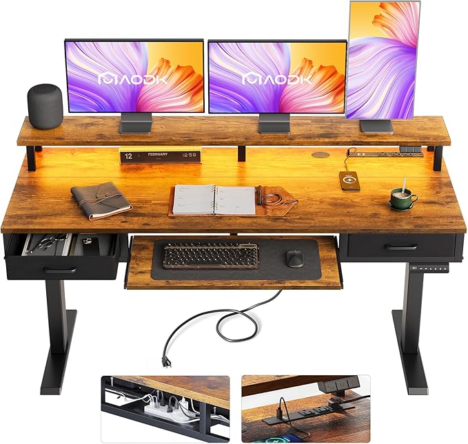 AODK Electric Standing Desk with Drawers & Keyboard Tray, 63 Inch Height Adjustable Gaming Desk with Power Outlets & LED Lights, Sit Stand Table with Monitor Stand for Home, Office, Rustic Brown
