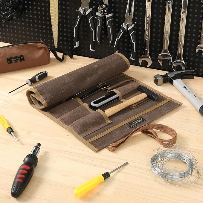 Tool Roll with 20 Slots, Heavy Duty 16oz Waxed Canvas Wrench Roll Up Organizer Bag with Straps, Multi-Purpose Tool Pouch for Metric, SAE (Grey)