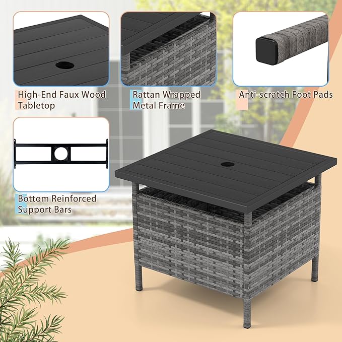 Giantex Umbrella Table, Outdoor Side Table with 2" Umbrella Hole, Rattan Umbrella Stand Holder, Heavy Duty Metal Frame, Patio Bistro Table for Deck Garden Poolside, Mix Gray (HDPE Tabletop)