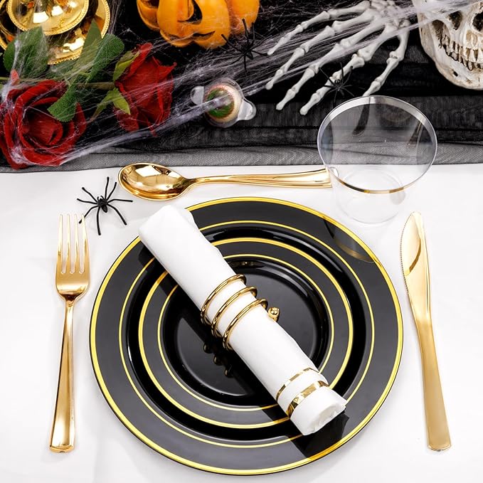 GATHER 350PCS Black Plastic Plates - Disposable Dinnerware Set Include 100PCS Black and Gold Plastic Plates, 150 Silverware, 50 Napkins, 50 Cups for Party & Wedding & New Year