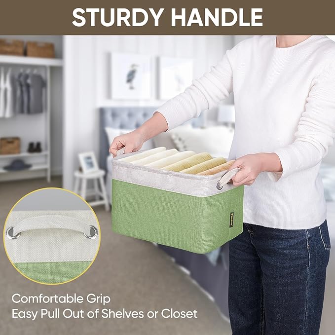 BALEINE 2 Pack Fabric Storage Bins for Shelves, Linen Storage Baskets for Organizing, Decorative Closet Bins for Clothes, Home (Green, 12"x8"x8")