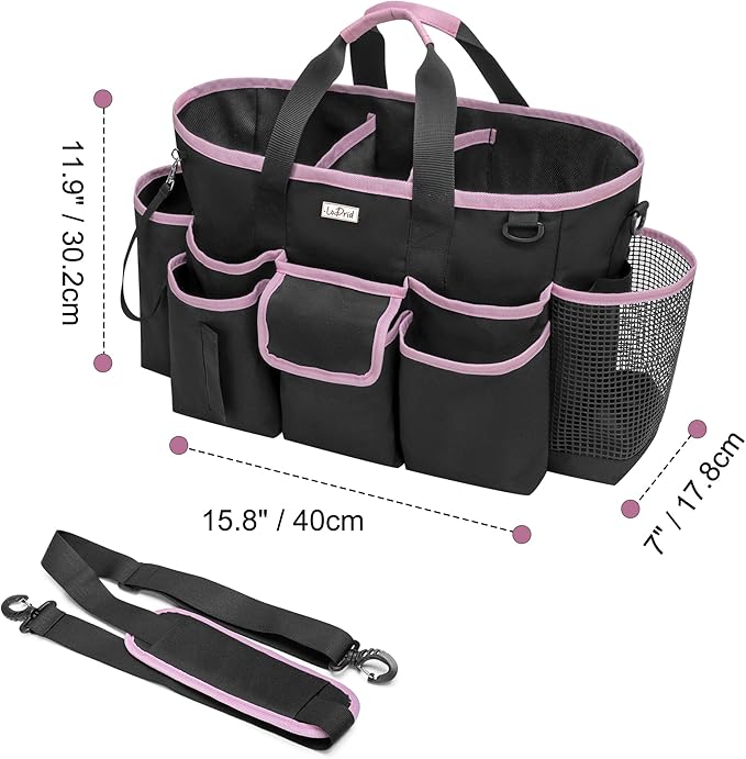 LoDrid Cleaning Caddy Bag with Handle and Shoulder Strap, Cleaning Supplies Organizer for Cleaning Work with 3 Compartments and Multifunctional Pockets, Black with Pink Edge