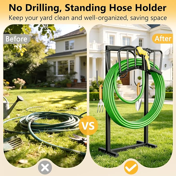 Garden Hose Holder Holds 2 x 150FT Hoses, Freestanding Hose Holder with 4 Spikes, Rustproof Water Hose Holder Storage for Outside Yard Lawn Farm