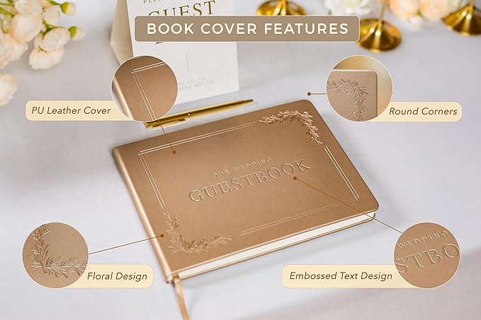 Floral Embossed Wedding Guest Book Set - 9 x 7.5 Hardcover Guestbook for Wedding Reception Sign in, Messages, Bridal Shower Engagement Party (Champagne Gold)