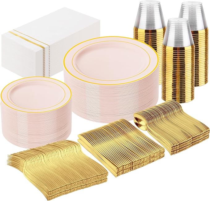 GATHER 350PCS Pink Plastic Plates - Disposable Plastic Dinnerware Set Include 100 Pink Plates, 150 Silverware, 50 Napkins, 50 Cups for Party & Wedding