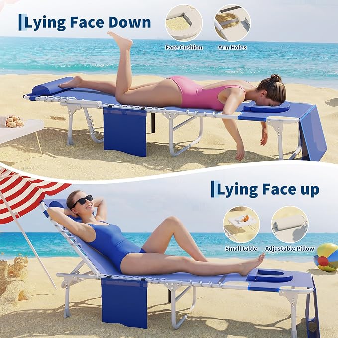 Garvee Tanning Chair with Face Hole, 3-in-1 Outside Beach Lounge Chair with Folding Table, 5 Reclining Positions and Removable Pillow, for Beach, Pool, Patio, Garden -Max 330lbs (Blue)