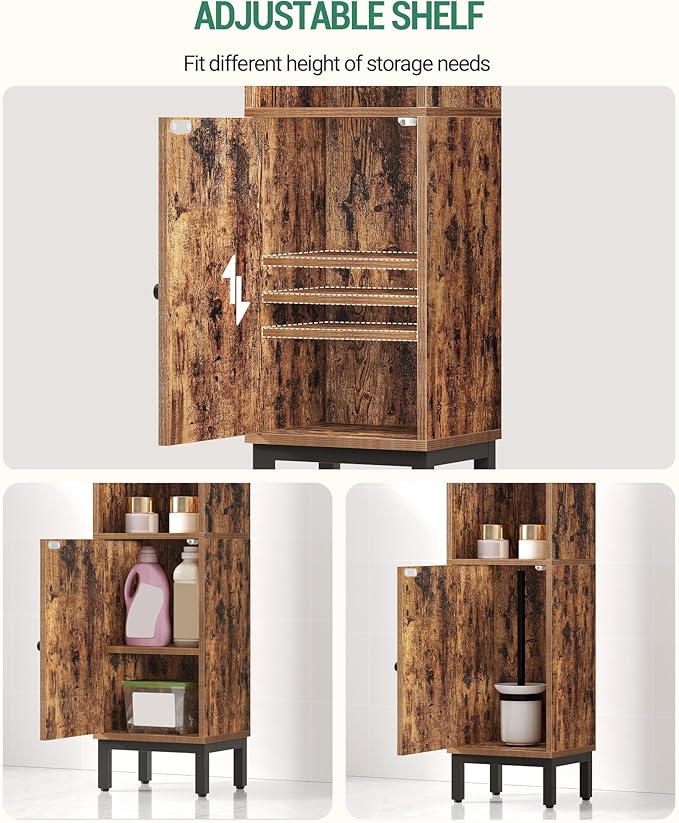 Bathroom Storage Cabinet, Small Corner Floor Cabinet with Door and Shelves, Narrow Toilet Paper Holder, Bathroom Organizer with Adjustable Shelf, for Small Spaces, Rustic Brown BC38201BV1