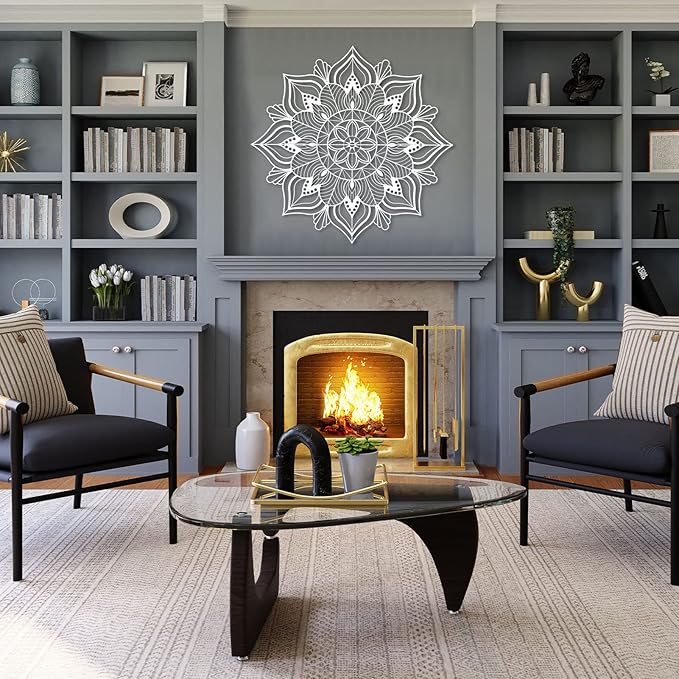ESTART Large Metal Mandala Wall Decor, Unique Lotus Flower Wall Art for Home Room Bedroom Office Indoor Outdoor Decoration (White)