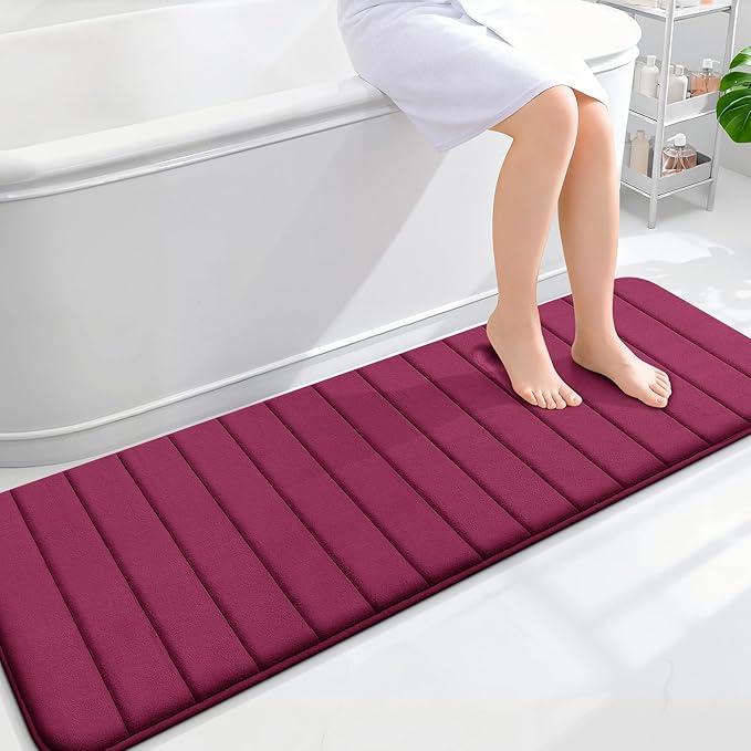 OLANLY Memory Foam Long Bathroom Rugs Runner 59x20, Super Soft Absorbent Bath Mat, Quick Dry, Machine Washable Shower Floor Rugs, Bathmat Carpet, Bathroom Home Decor Accessories, Burgundy