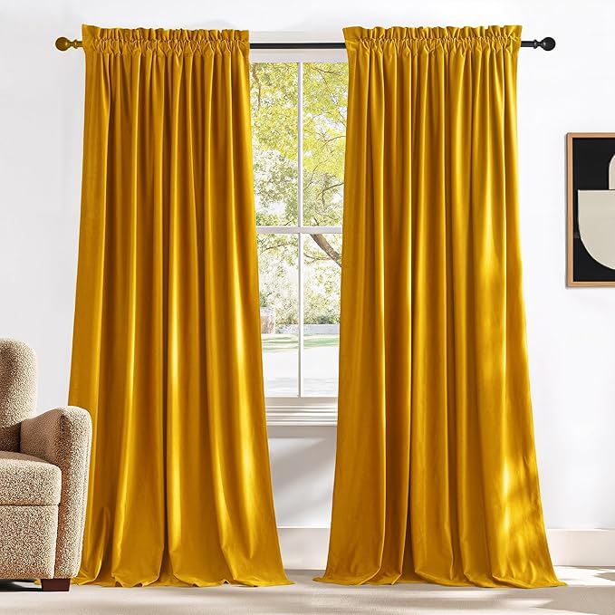 NICETOWN Yellowish Gold Velvet Curtains 108 inches Long, Bedroom Velvet Window
