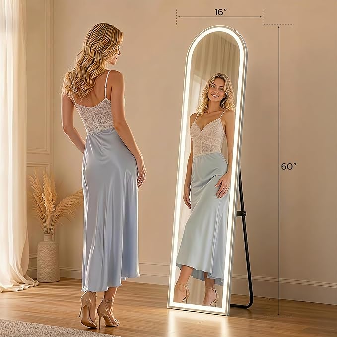 Arched Full Length Mirror with LED Lights, Body Floor Mirrors with Dimming & 3
