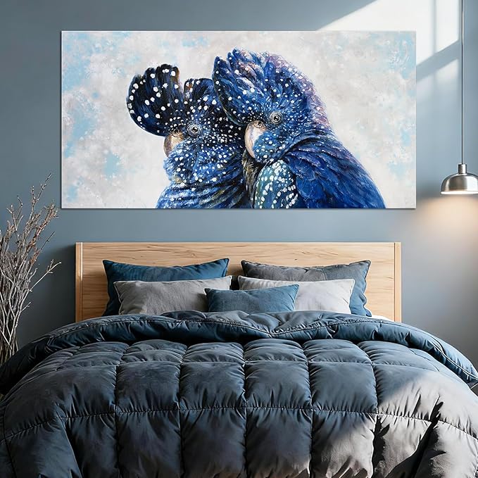 YETHEN WAL Blue Parrot Wall Art, Oversized Blue Bird Canvas Print, Cobalt Textured Animal Artwork for Living Room Bedroom Hallway, 29×58 Inch
