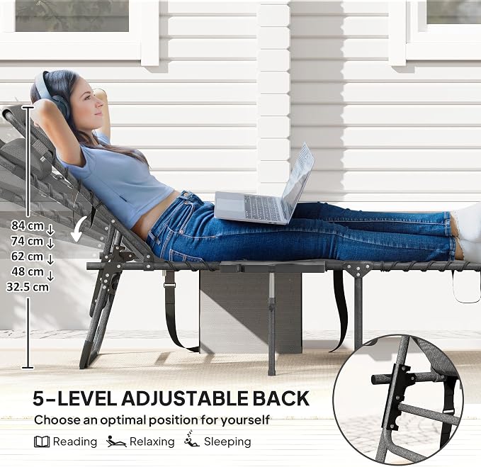 Outsunny Folding Chaise Lounge Chair Outdoor Tanning Chair with Side Table, 5-Level Adjustable Beach Lounge Chair with Headrest, Side Pocket for Patio, Backyard, Beach, Poolside, Gray